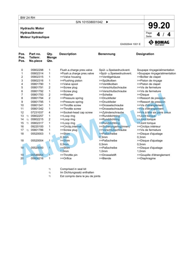 Bomag BW 24 RH Pneumatic Tyred Roller Spare Parts Catalogue 00817755-3