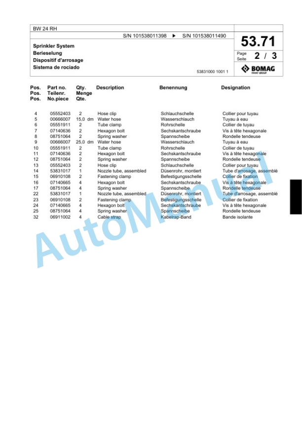 Bomag BW 24 RH Pneumatic Tyred Roller Spare Parts Catalogue 00818457-2