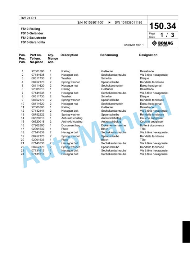 Bomag BW 24 RH Pneumatic Tyred Roller Spare Parts Catalogue 00818457-4