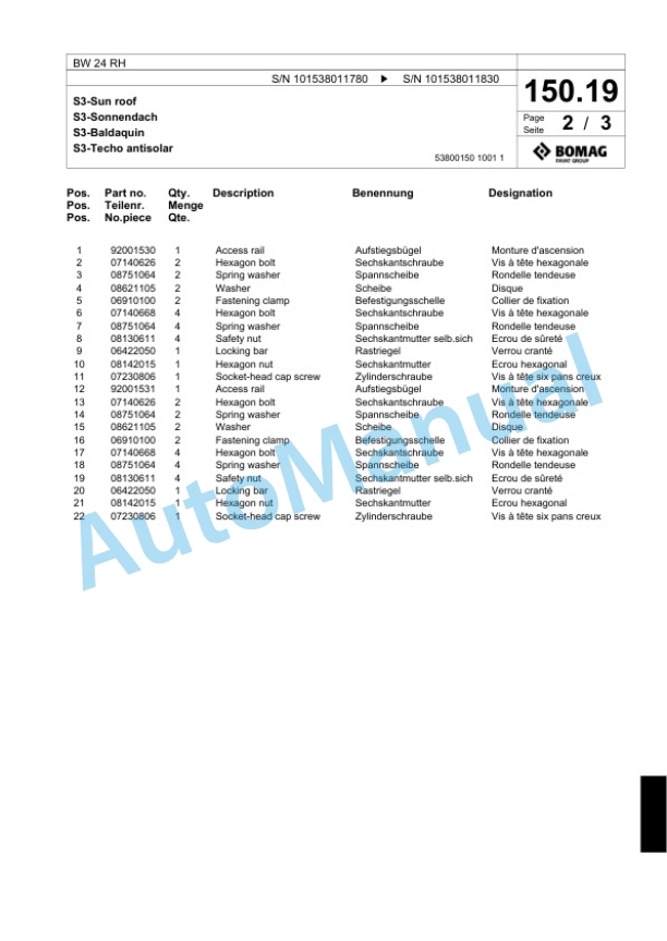 Bomag BW 24 RH Pneumatic Tyred Roller Spare Parts Catalogue 00818949-4