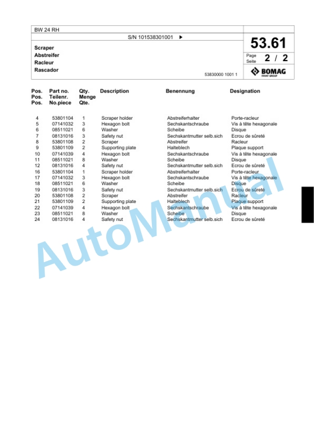 Bomag BW 24 RH Pneumatic Tyred Roller Spare Parts Catalogue 00818951-2