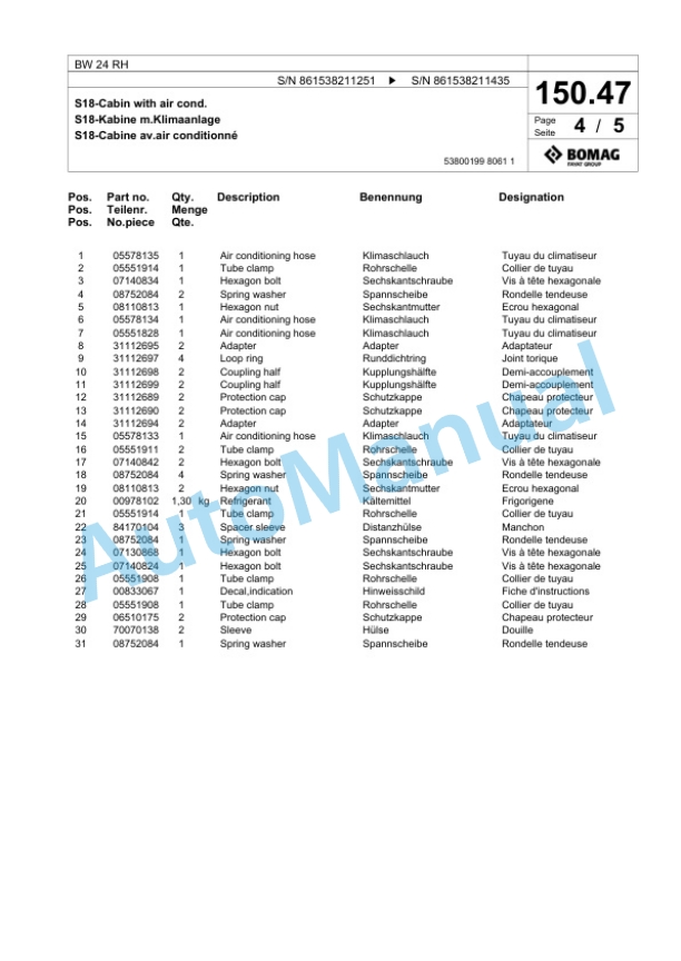 Bomag BW 24 RH Pneumatic Tyred Roller Spare Parts Catalogue 00824405-4