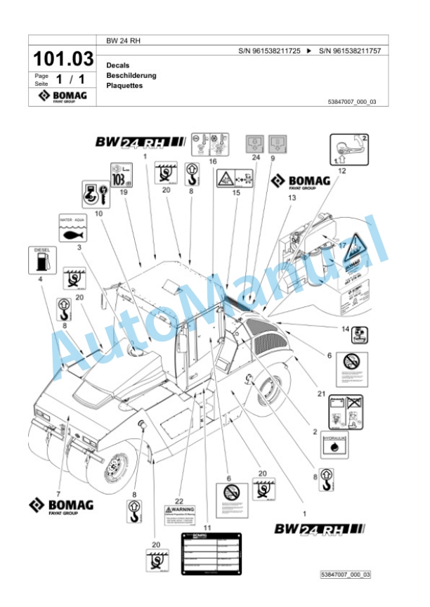 Bomag BW 24 RH Pneumatic Tyred Roller Spare Parts Catalogue 00826169-3