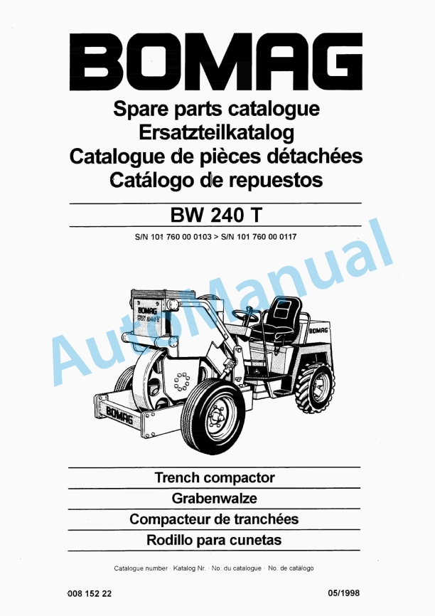 Bomag BW 240 T Trench Compactor Spare Parts Catalogue 00815222