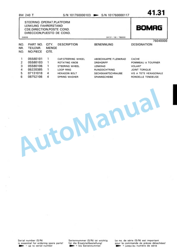 Bomag BW 240 T Trench Compactor Spare Parts Catalogue 00815222-2