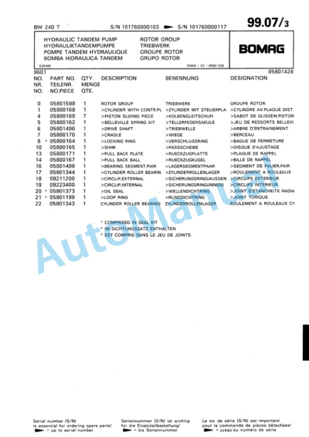 Bomag BW 240 T Trench Compactor Spare Parts Catalogue 00815222-4