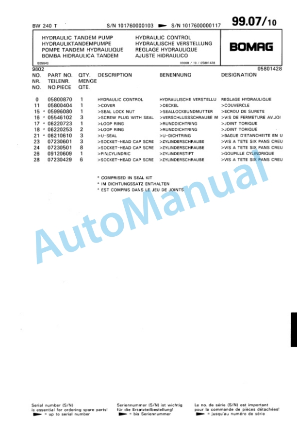 Bomag BW 240 T Trench Compactor Spare Parts Catalogue 00815222-5