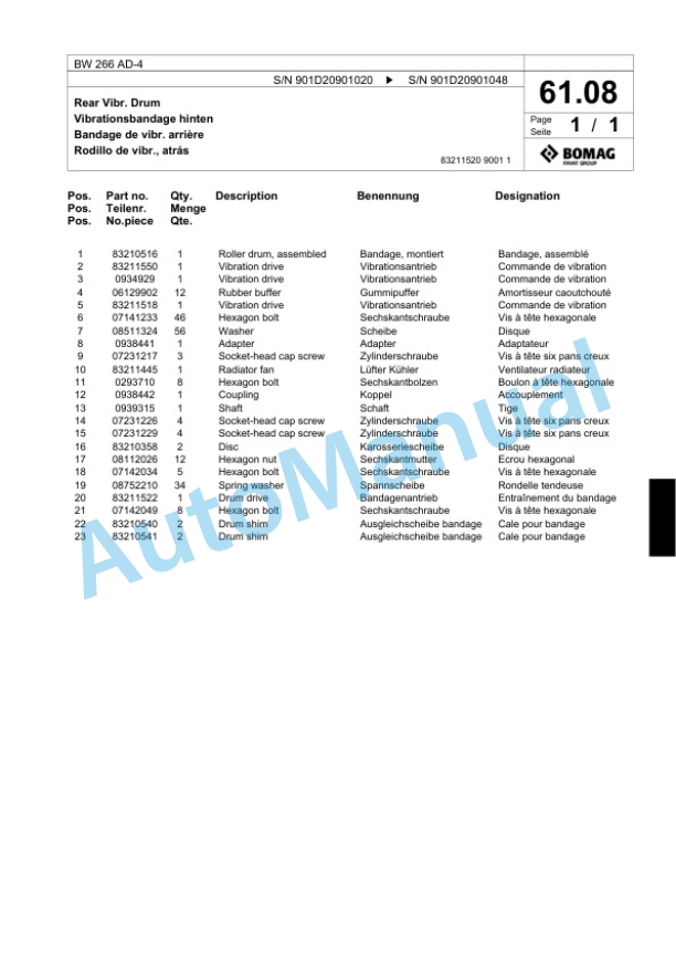 Bomag BW 266 AD-4 Tandem Vibratory Roller Spare Parts Catalogue 00818527-2