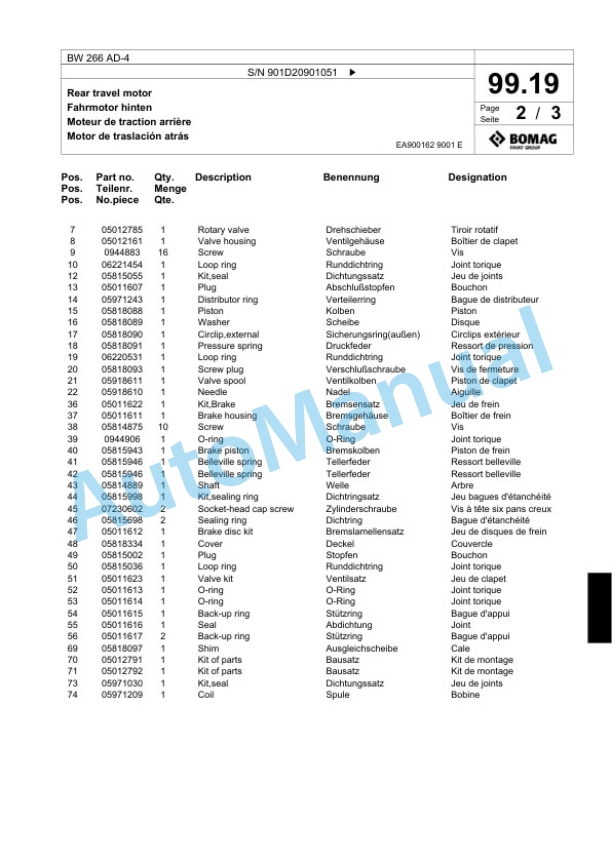 Bomag BW 266 AD-4 Tandem Vibratory Roller Spare Parts Catalogue 00818527-5