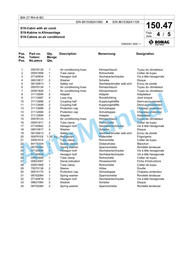 Bomag BW 27 RH-4i BC Pneumatic Tyred Roller Spare Parts Catalogue 00824723-4
