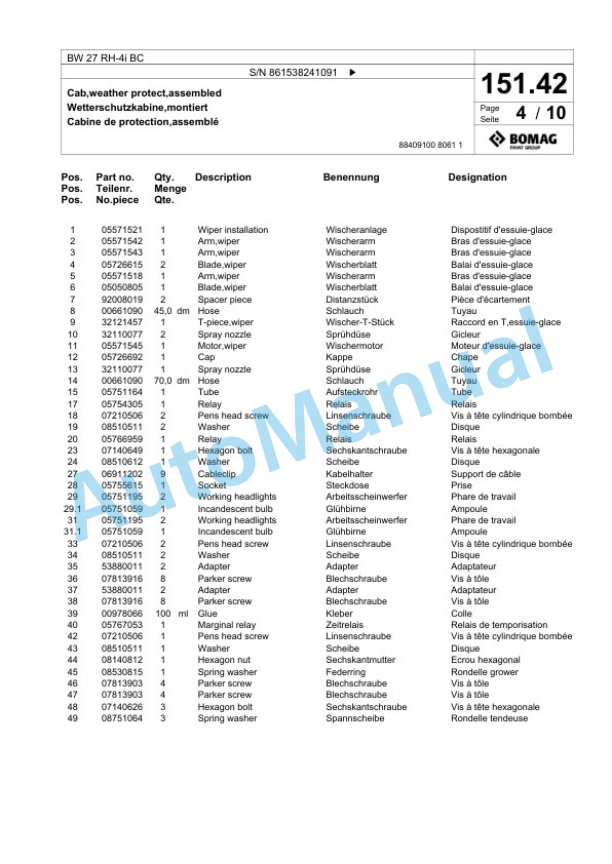 Bomag BW 27 RH-4i BC Pneumatic Tyred Roller Spare Parts Catalogue 00824723-5