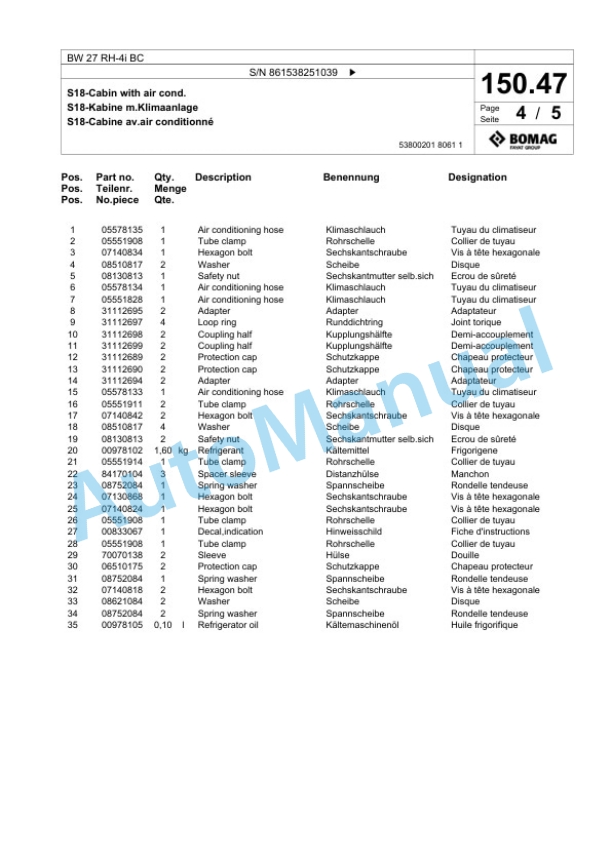 Bomag BW 27 RH-4i BC Pneumatic Tyred Roller Spare Parts Catalogue 00825087-5
