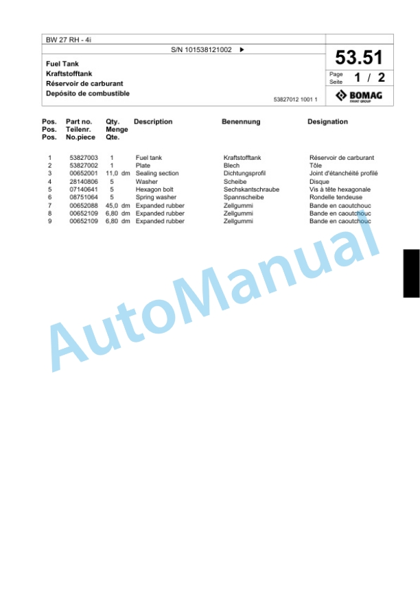 Bomag BW 27 RH-4i Pneumatic Tyred Roller Spare Parts Catalogue 00824131-2