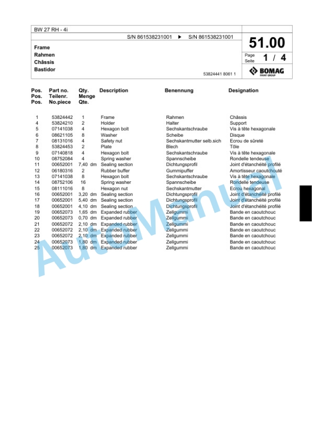 Bomag BW 27 RH-4i Pneumatic Tyred Roller Spare Parts Catalogue 00824409-2