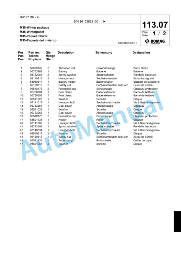 Bomag BW 27 RH-4i Pneumatic Tyred Roller Spare Parts Catalogue 00824409-4