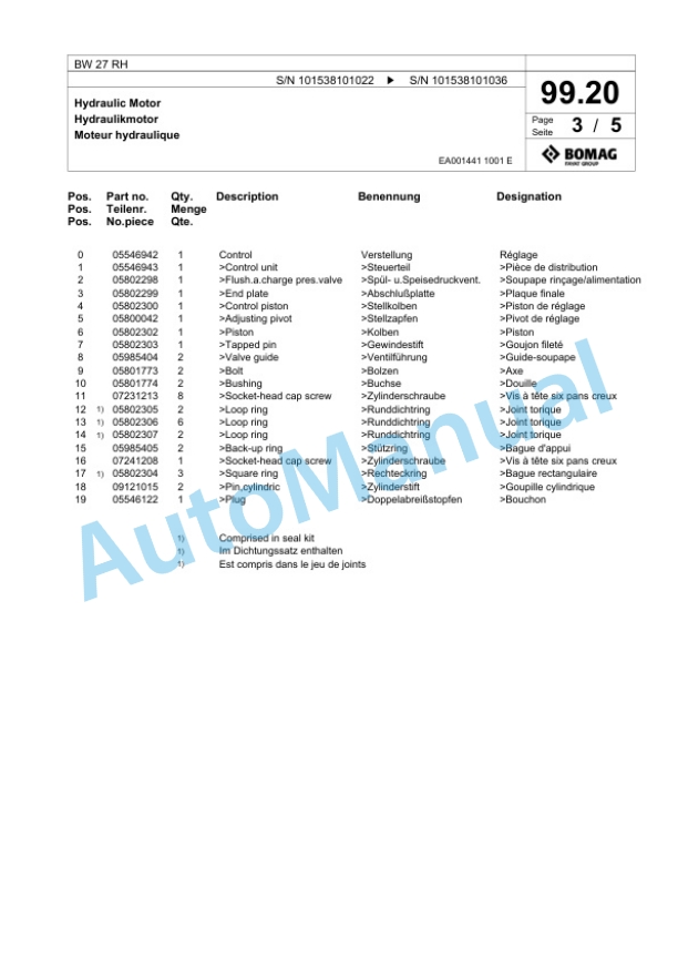 Bomag BW 27 RH Pneumatic Tyred Roller Spare Parts Catalogue 00817757-3