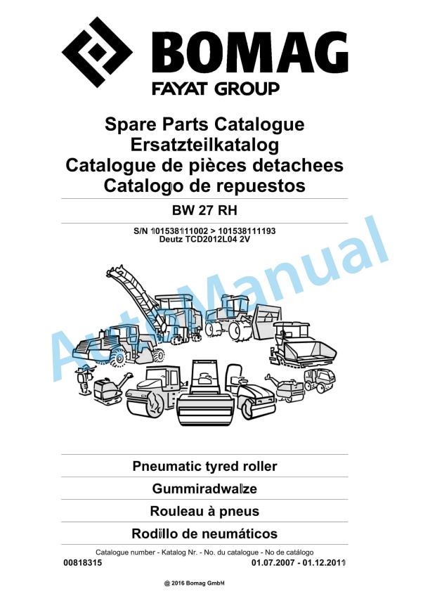 Bomag BW 27 RH Pneumatic Tyred Roller Spare Parts Catalogue 00818315