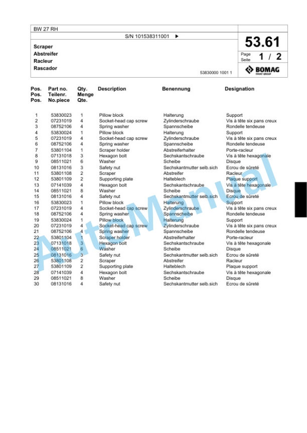 Bomag BW 27 RH Pneumatic Tyred Roller Spare Parts Catalogue 00818953-2