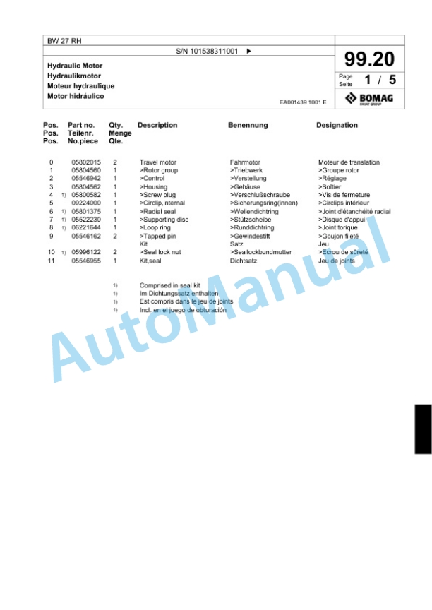 Bomag BW 27 RH Pneumatic Tyred Roller Spare Parts Catalogue 00818953-3