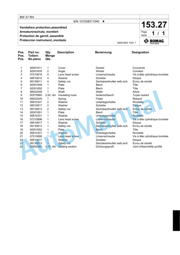 Bomag BW 27 RH Pneumatic Tyred Roller Spare Parts Catalogue 00818953-5