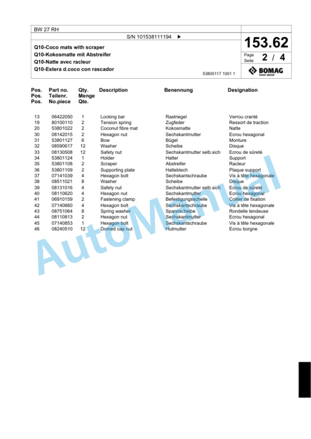 Bomag BW 27 RH Pneumatic Tyred Roller Spare Parts Catalogue 00818997-5