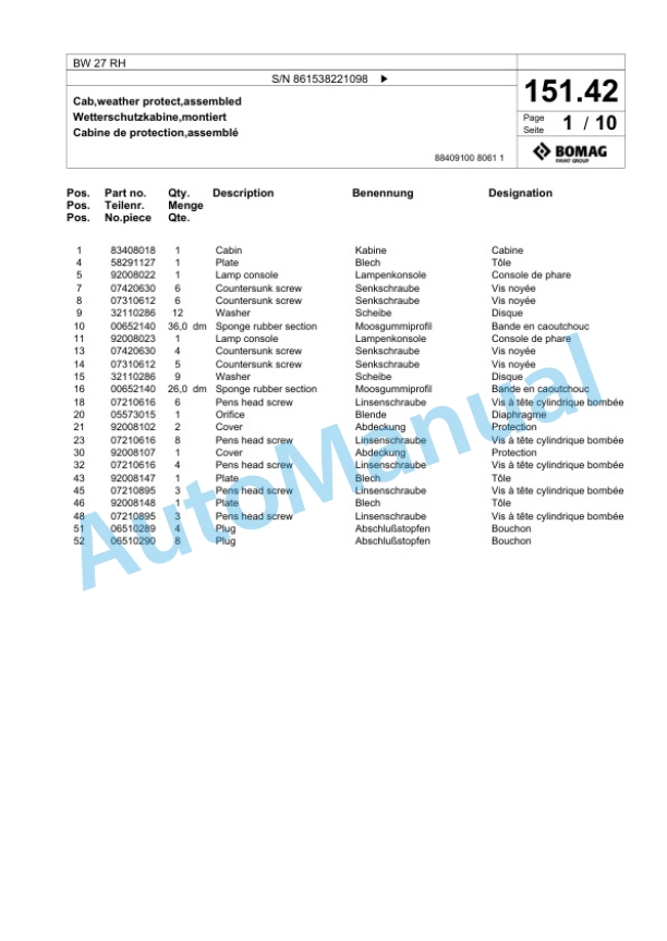 Bomag BW 27 RH Pneumatic Tyred Roller Spare Parts Catalogue 00824407-4