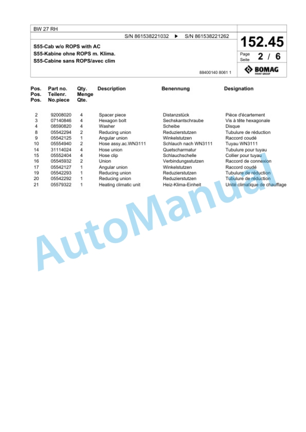 Bomag BW 27 RH Pneumatic Tyred Roller Spare Parts Catalogue 00824407-5