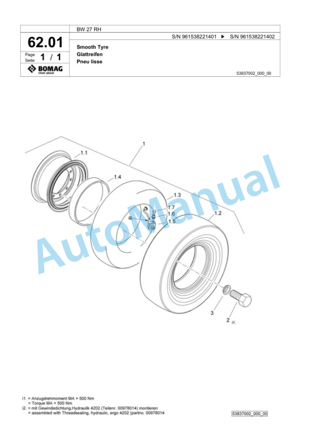 Bomag BW 27 RH Pneumatic Tyred Roller Spare Parts Catalogue 00826171-2