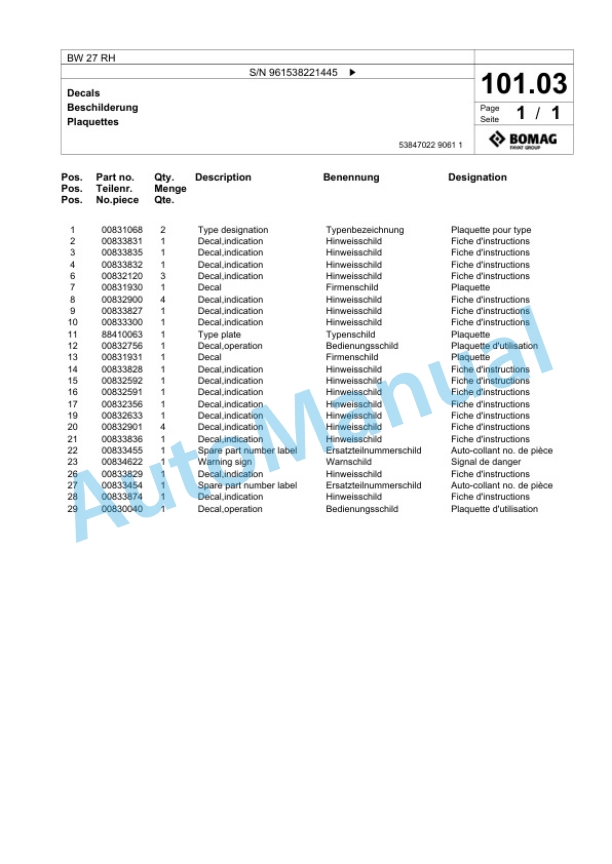 Bomag BW 27 RH Pneumatic Tyred Roller Spare Parts Catalogue 00826171-3