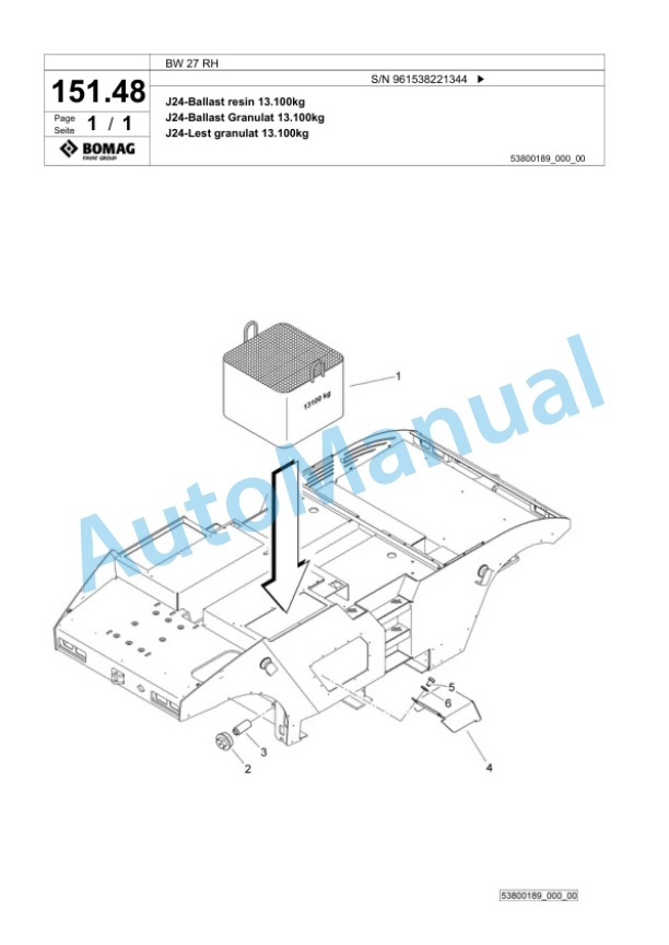 Bomag BW 27 RH Pneumatic Tyred Roller Spare Parts Catalogue 00826171-4