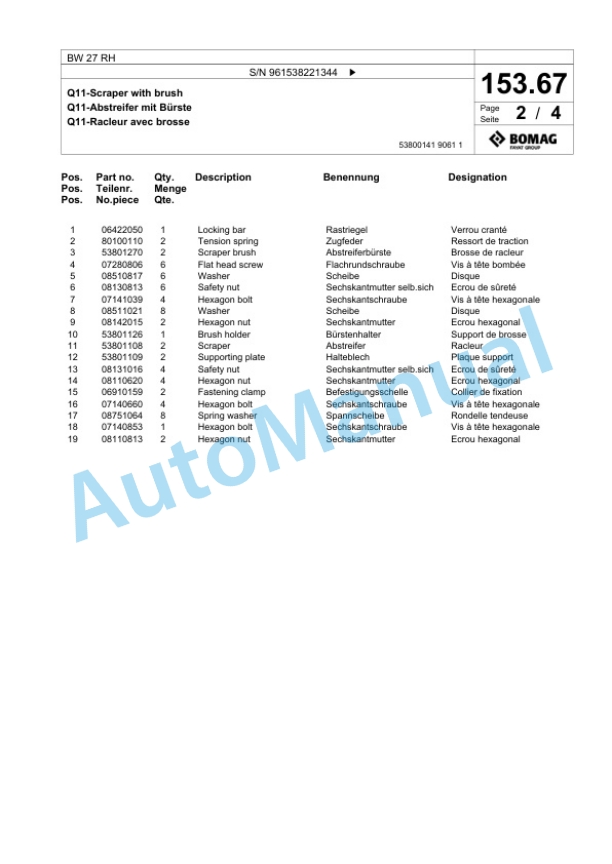 Bomag BW 27 RH Pneumatic Tyred Roller Spare Parts Catalogue 00826171-5