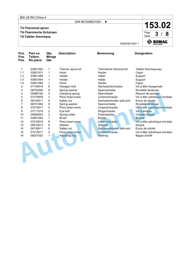 Bomag BW 28 RH China 4 Pneumatic Tyred Roller Spare Parts Catalogue 00826691-4