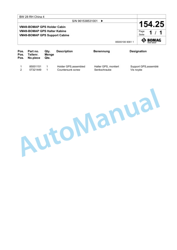 Bomag BW 28 RH China 4 Pneumatic Tyred Roller Spare Parts Catalogue 00826691-5