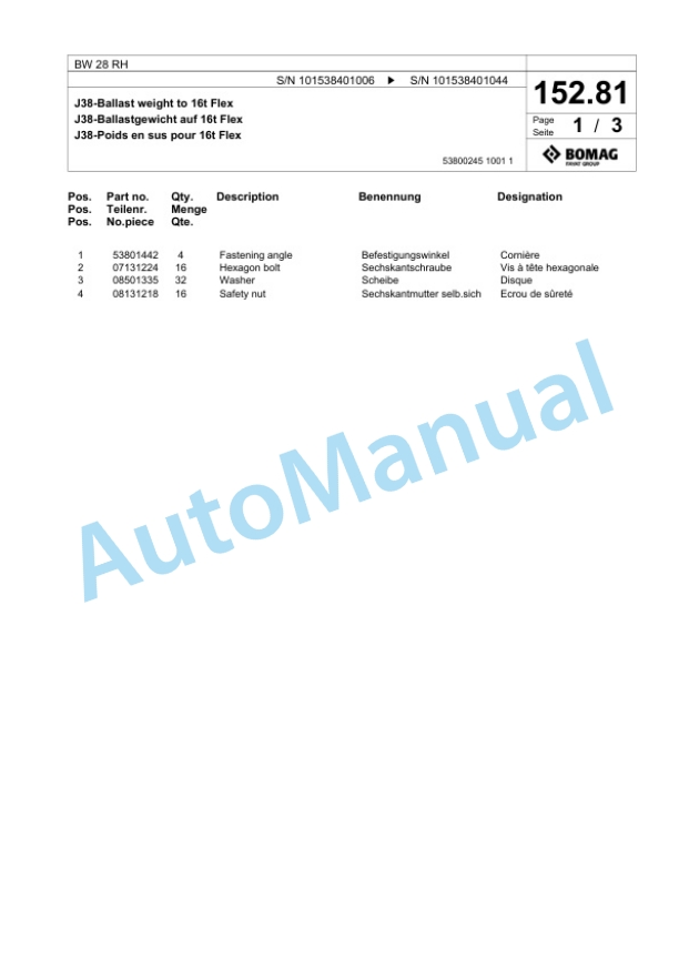Bomag BW 28 RH Pneumatic Tyred Roller Spare Parts Catalogue 00824957-4