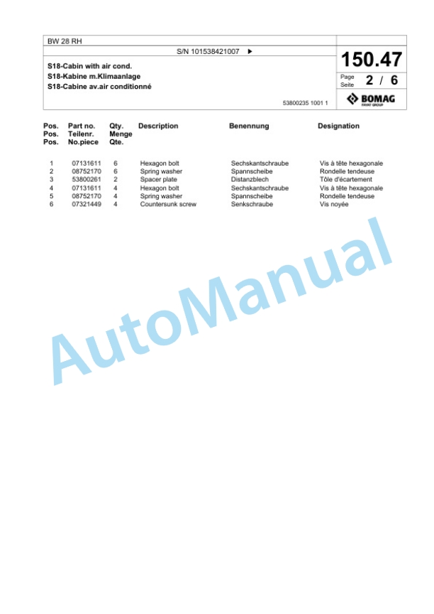 Bomag BW 28 RH Pneumatic Tyred Roller Spare Parts Catalogue 00824991-3