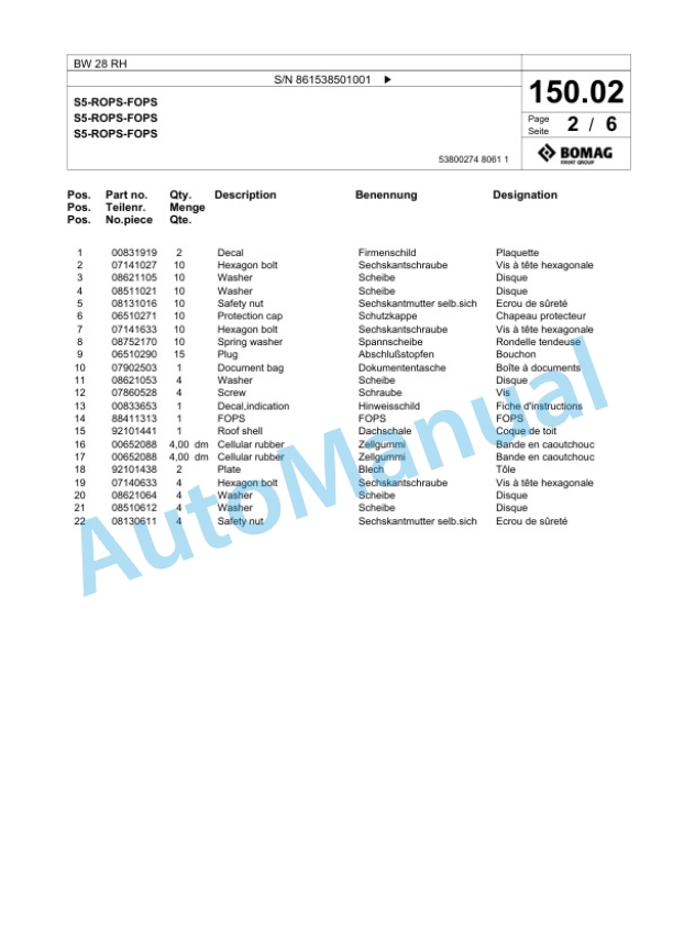 Bomag BW 28 RH Pneumatic Tyred Roller Spare Parts Catalogue 00825257-3