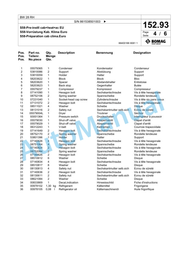 Bomag BW 28 RH Pneumatic Tyred Roller Spare Parts Catalogue 00825257-5