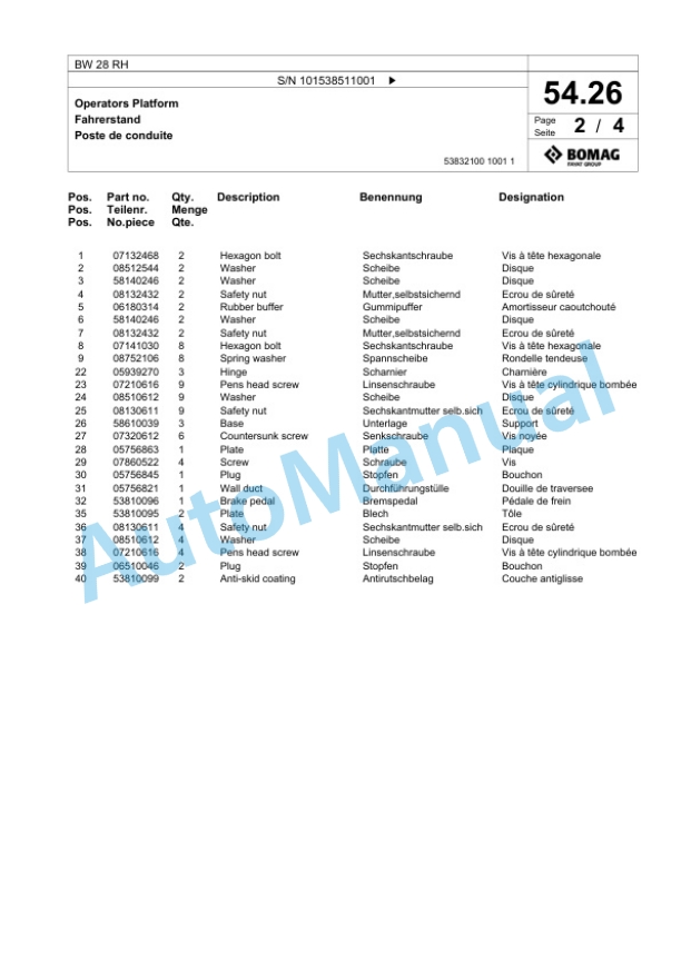 Bomag BW 28 RH Pneumatic Tyred Roller Spare Parts Catalogue 00826041-2