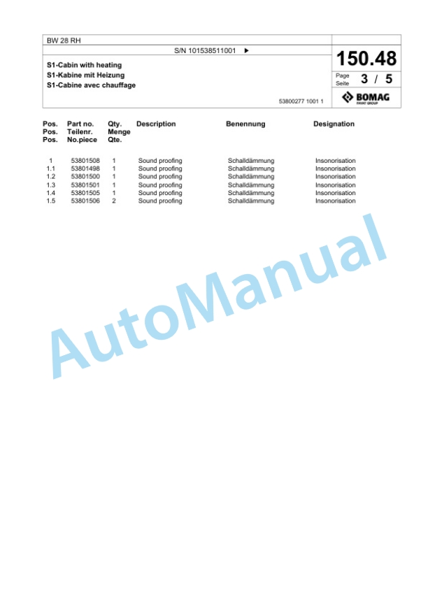 Bomag BW 28 RH Pneumatic Tyred Roller Spare Parts Catalogue 00826041-4