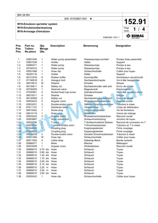 Bomag BW 28 RH Pneumatic Tyred Roller Spare Parts Catalogue 00826041-5