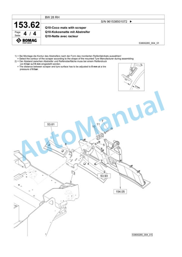 Bomag BW 28 RH Pneumatic Tyred Roller Spare Parts Catalogue 00826173-5