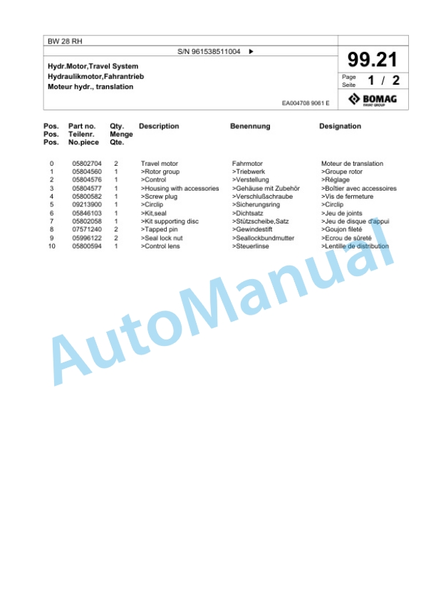 Bomag BW 28 RH Pneumatic Tyred Roller Spare Parts Catalogue 00826175-2