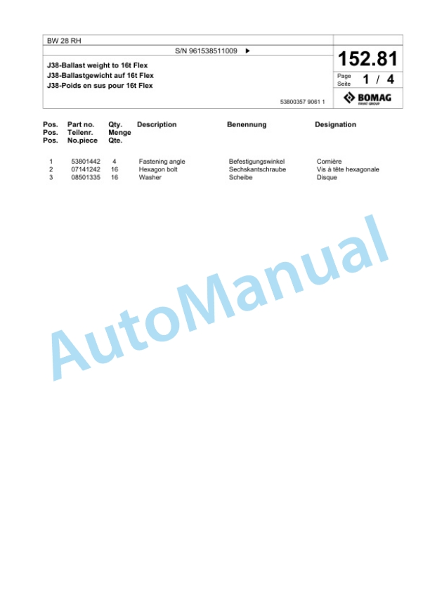 Bomag BW 28 RH Pneumatic Tyred Roller Spare Parts Catalogue 00826175-3