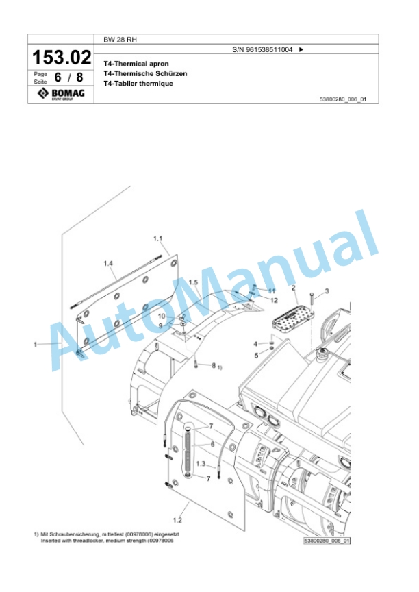 Bomag BW 28 RH Pneumatic Tyred Roller Spare Parts Catalogue 00826175-4