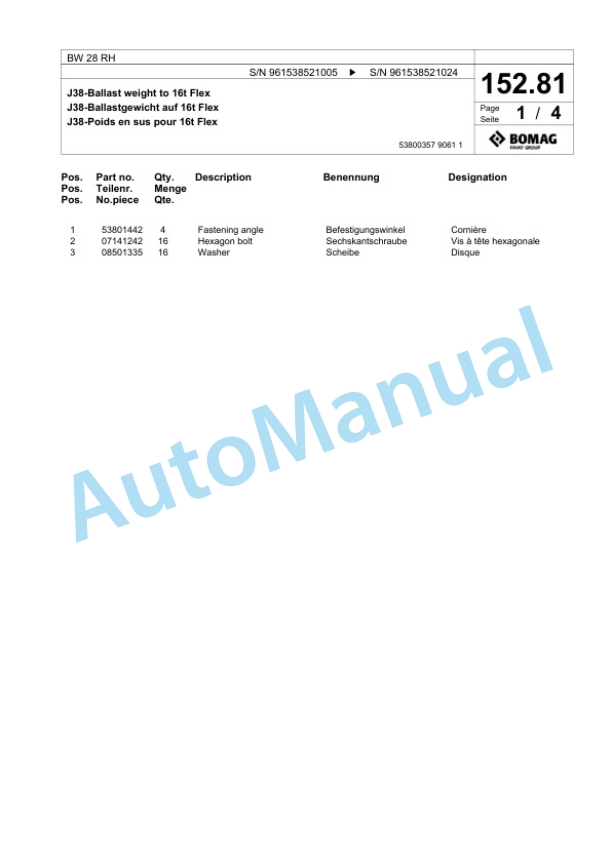 Bomag BW 28 RH Pneumatic Tyred Roller Spare Parts Catalogue 00826177-3