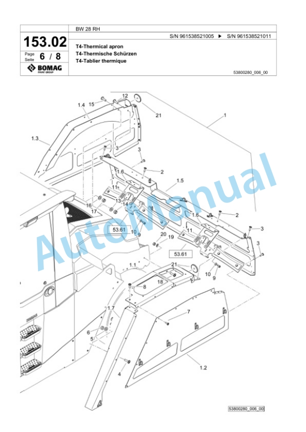 Bomag BW 28 RH Pneumatic Tyred Roller Spare Parts Catalogue 00826177-4