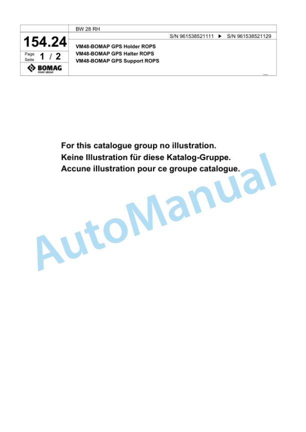 Bomag BW 28 RH Pneumatic Tyred Roller Spare Parts Catalogue 00826177-5