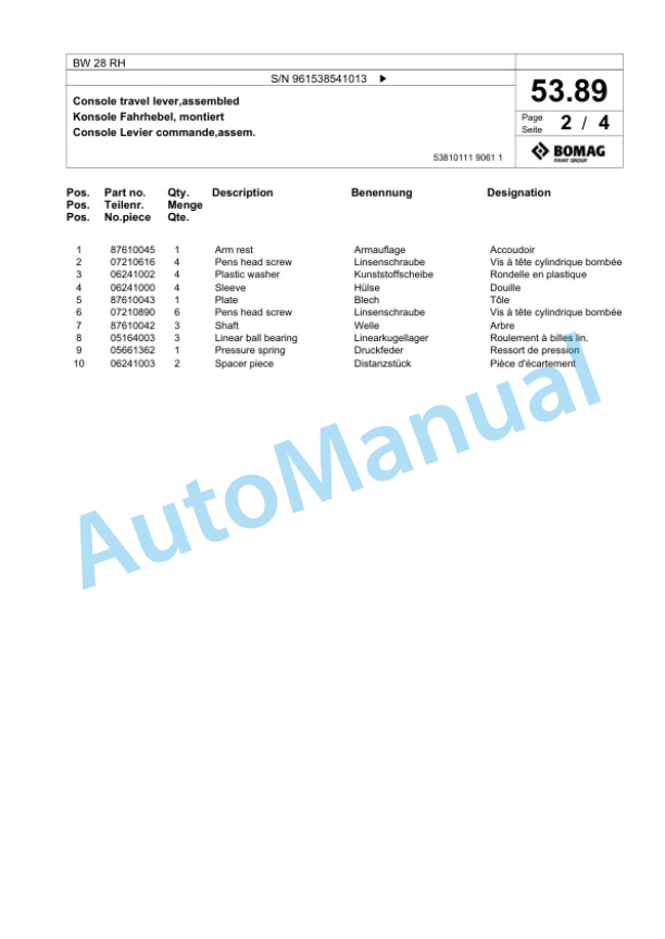 Bomag BW 28 RH Pneumatic Tyred Roller Spare Parts Catalogue 00826371-2