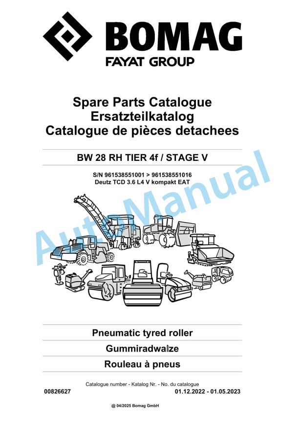 Bomag BW 28 RH TIER 4f - STAGE V Pneumatic Tyred Roller Spare Parts Catalogue 00826627
