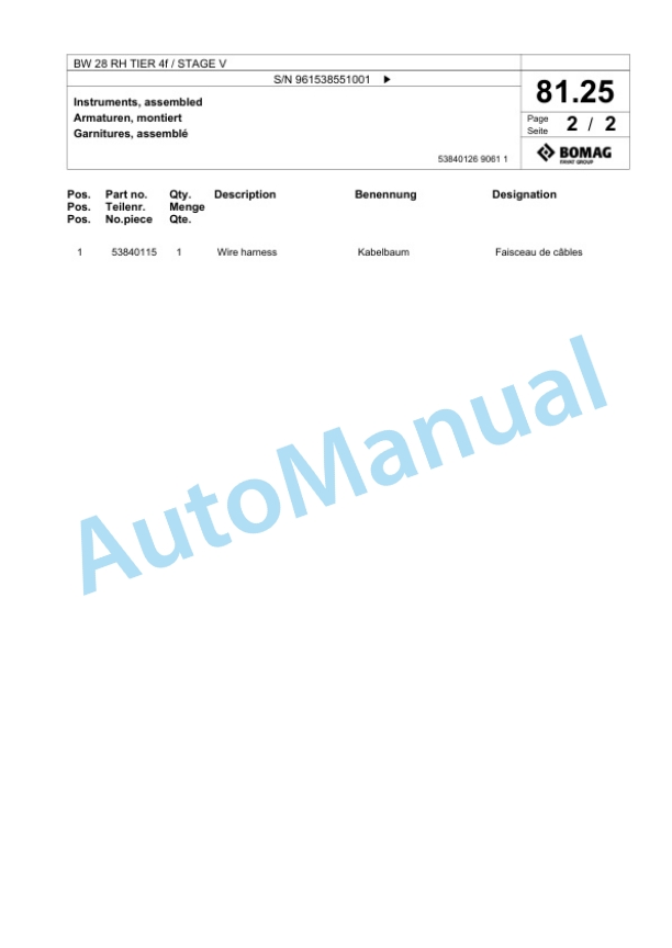 Bomag BW 28 RH TIER 4f - STAGE V Pneumatic Tyred Roller Spare Parts Catalogue 00826627-2